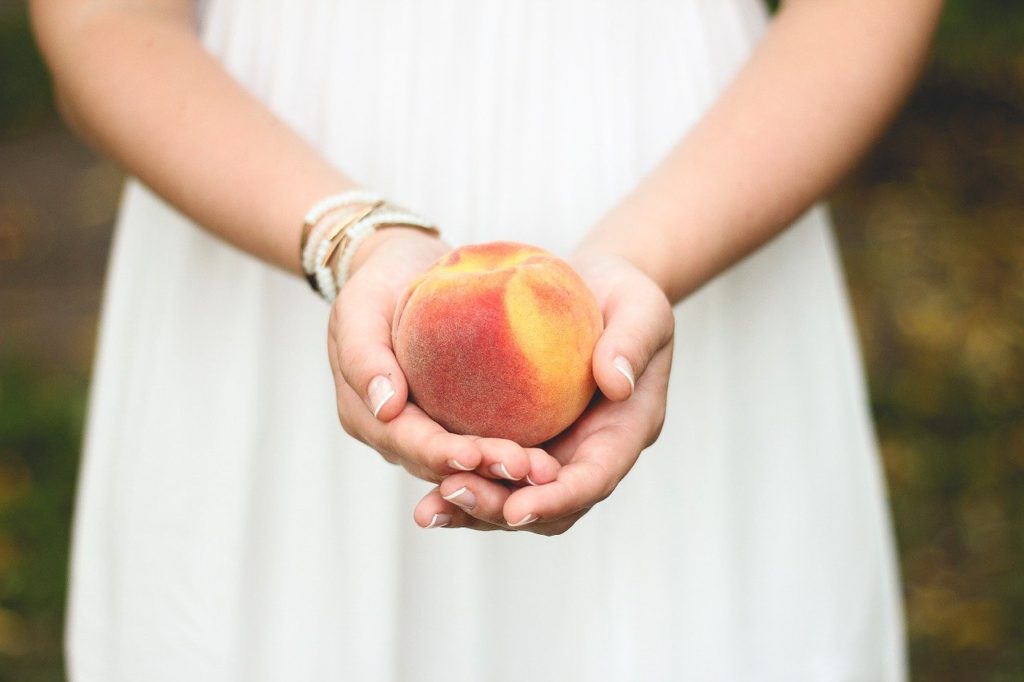 peach, fruit, hands
